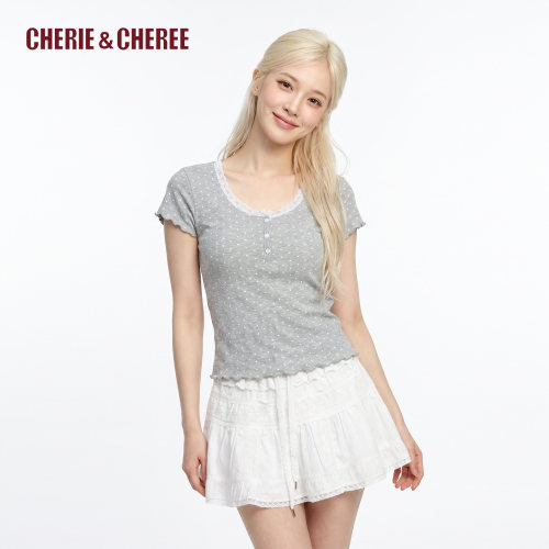 CHERIE&CHEREE26夏法式复古方领木耳边波点短袖T恤女CC6WCX5T565