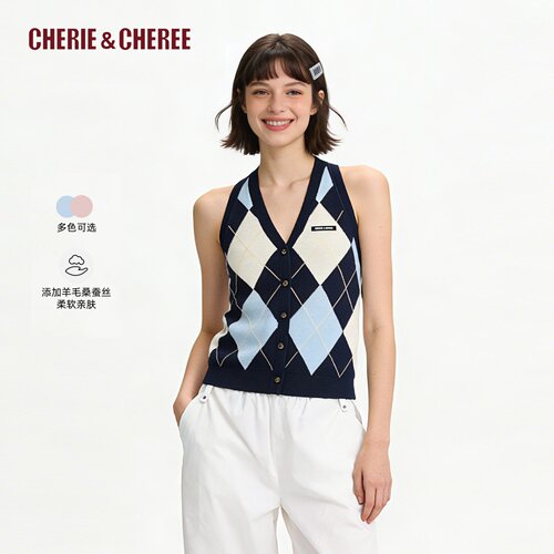 CHERIE&CHEREE26夏羊毛桑蚕丝V领针织挂脖吊带背心女CC6WCX1B023