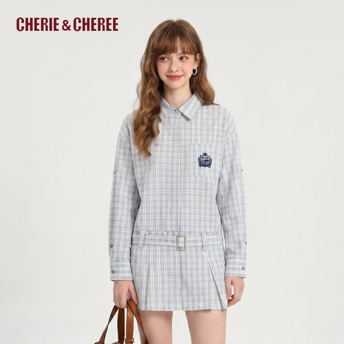 CHERIE&CHEREE26夏复古撞色格纹翻领减龄中长款连衣裙CC6WCX5I236