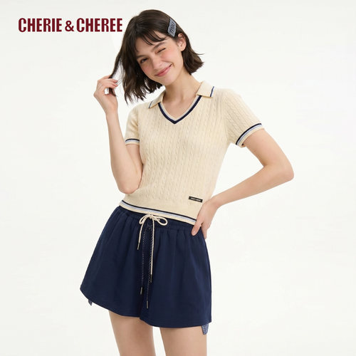 CHERIE&CHEREE26夏学院风绞花肌理感V领针织衫CC6WCX3B066