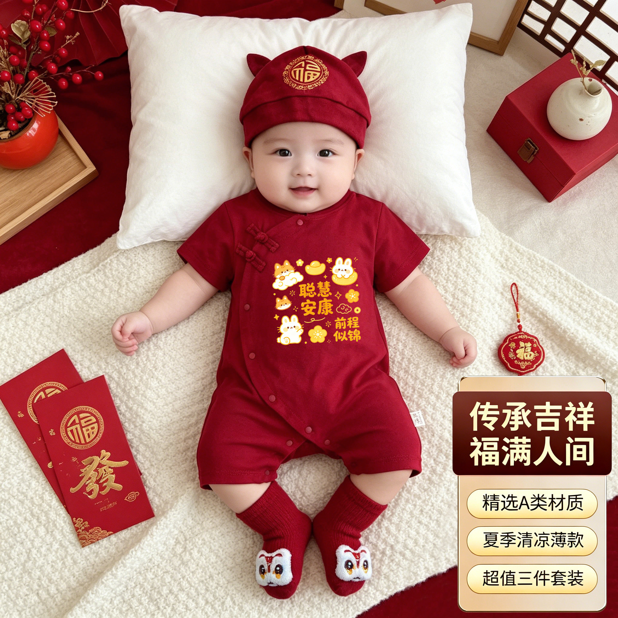 中式砖红纯棉夏季新生儿连体衣