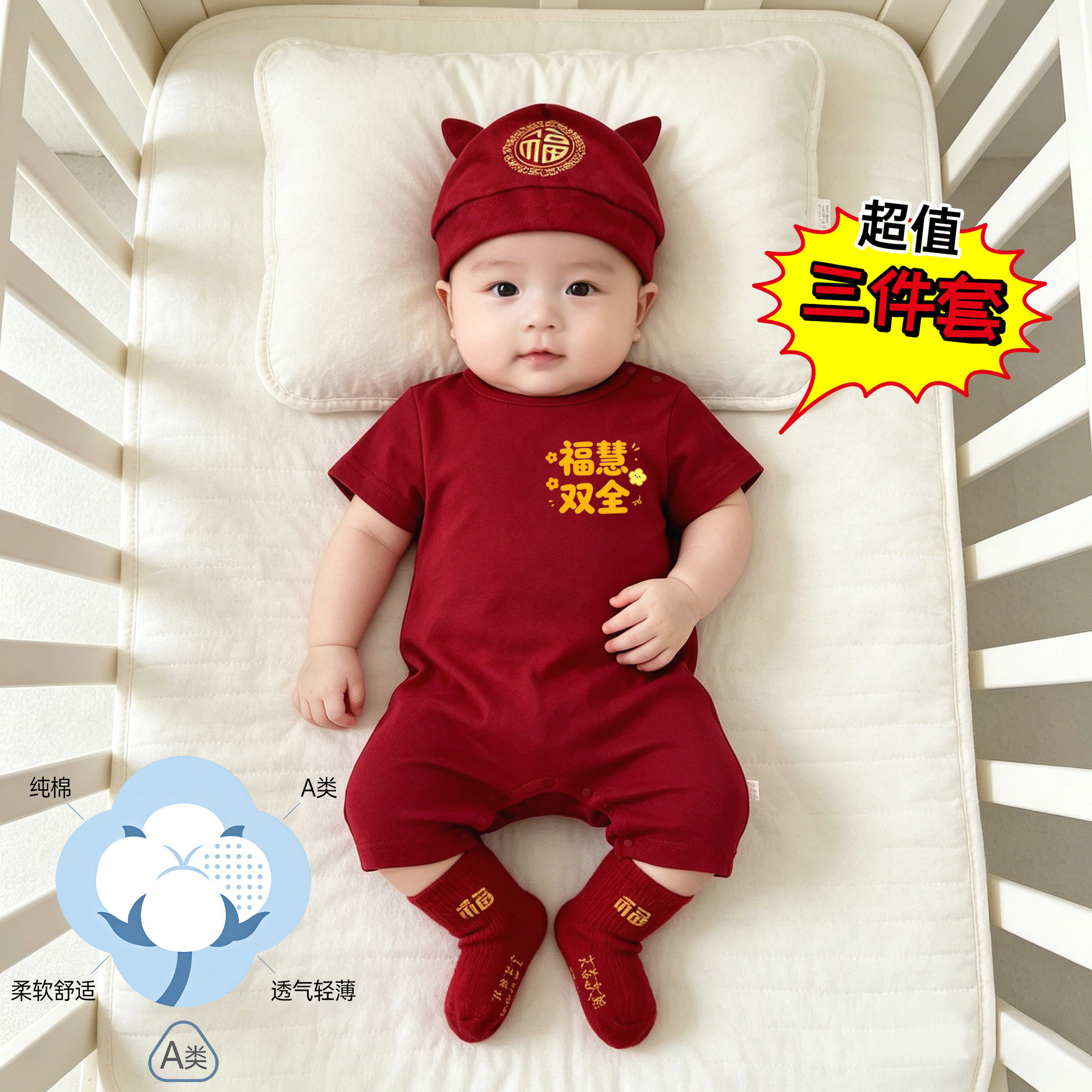 夏季纯棉婴儿短袖砖红连体衣A类