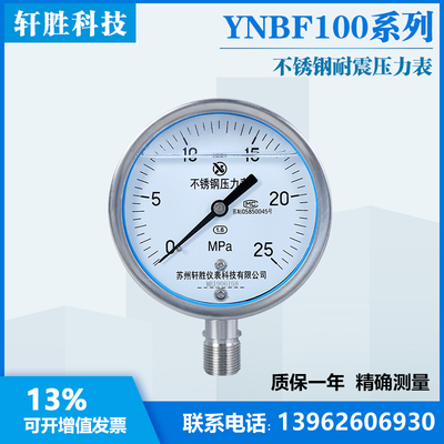 YN100BF 25MPa耐震不锈钢压力表 防腐型 全不锈钢抗震液压压力表