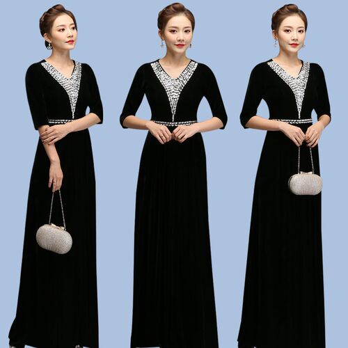 合唱团演出服成人女新款国庆节大合唱服长裙中老年显瘦红色连衣裙