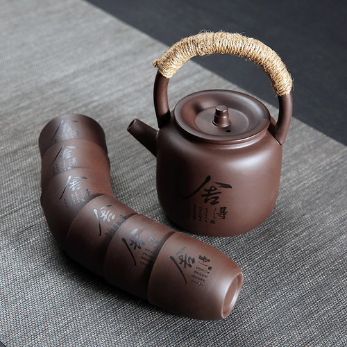 复古茶壶原矿紫砂茶具功夫提梁壶套装家用泡茶器可电陶炉煮茶耐热