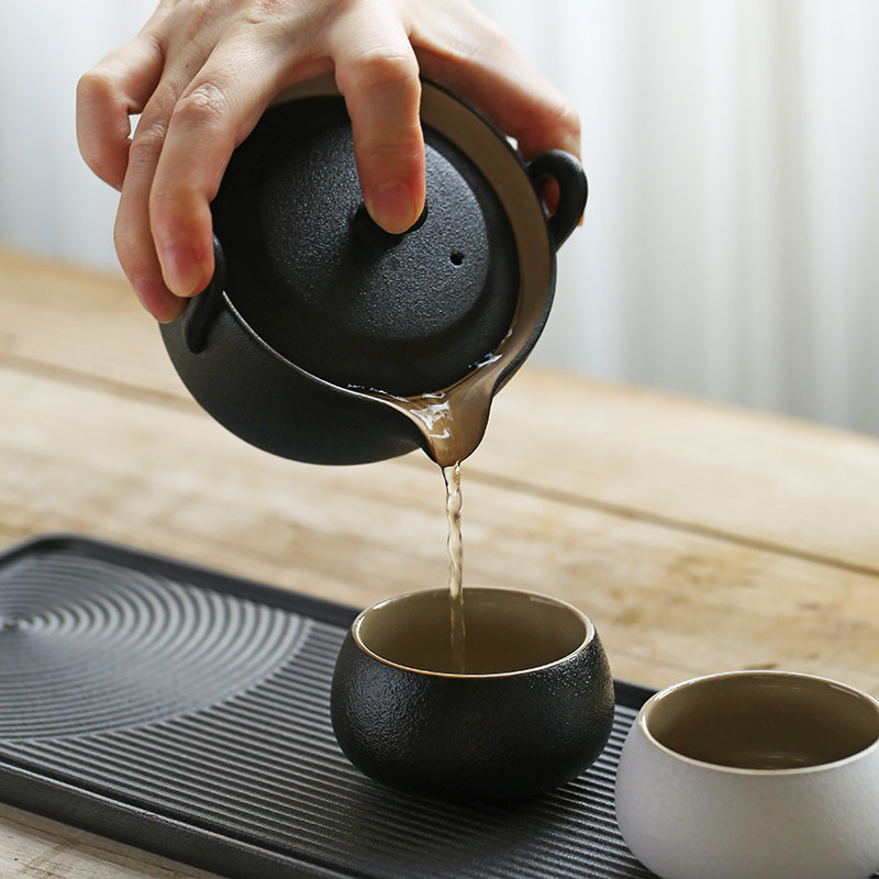 日式枯山水茶盘黑陶单人一壶二杯家用旅行功夫茶具便携小套装轻奢