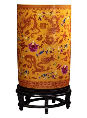 景德镇陶瓷花瓶书画缸卷轴缸黄色龙纹箭筒字画收纳桶客厅落地摆件