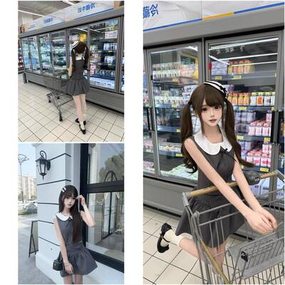 进钱钱口袋里【少女心事】蝴蝶结娃娃领无袖上衣+褶皱短裙套装女