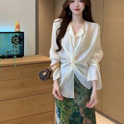 韩系设计感扭结衬衫+油画鱼尾半身裙两件套女2026夏新款宽松一套