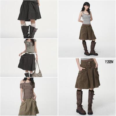 Vee21大口袋棕色牛仔裙a字半身裙工装裙日系穿搭少女感甜妹小裙子