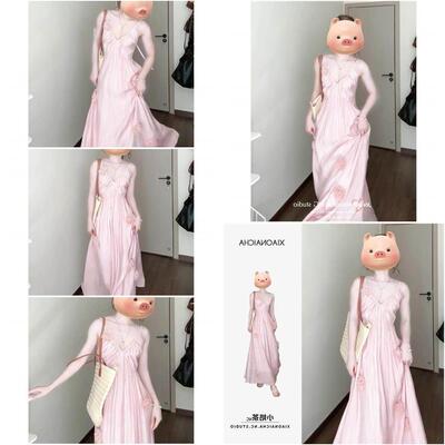 度假风粉色花朵V领吊带洋装女夏季新款沙滩海边收腰仙女长裙子