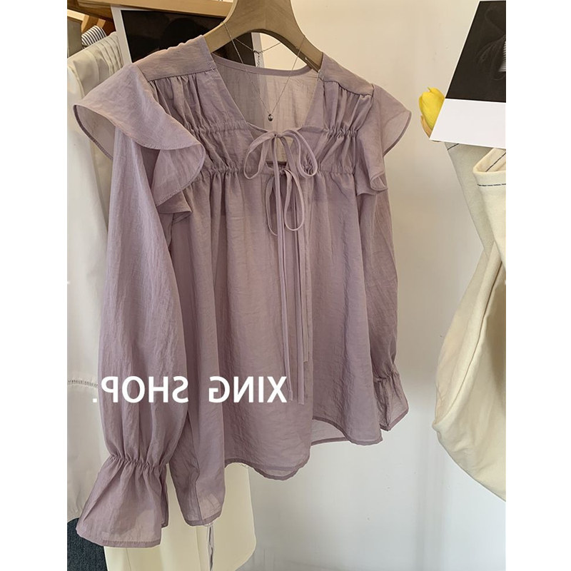 特大码300斤法式洋气衬衫女春夏季E温柔风防晒荷叶边灯笼袖v领衬