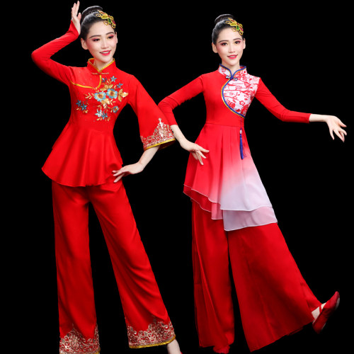 秧歌舞服演出服扇子舞蹈服装雪纺中国风腰鼓表演服喜庆广场舞新款