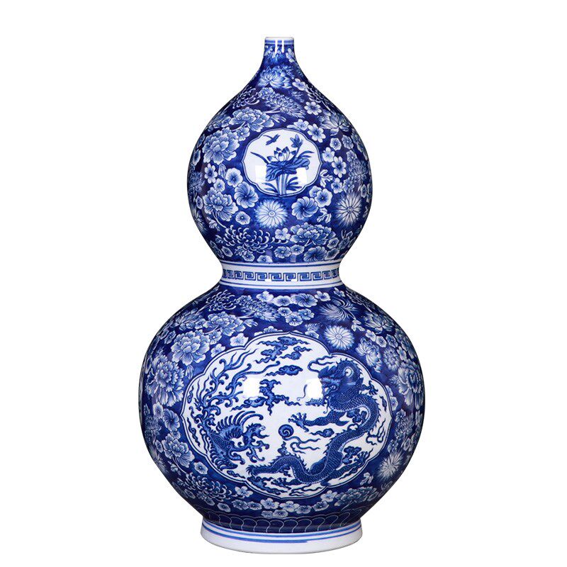 景德镇陶瓷花瓶摆件客厅插花瓷瓶手绘青花瓷葫芦瓶玄关中式装饰品