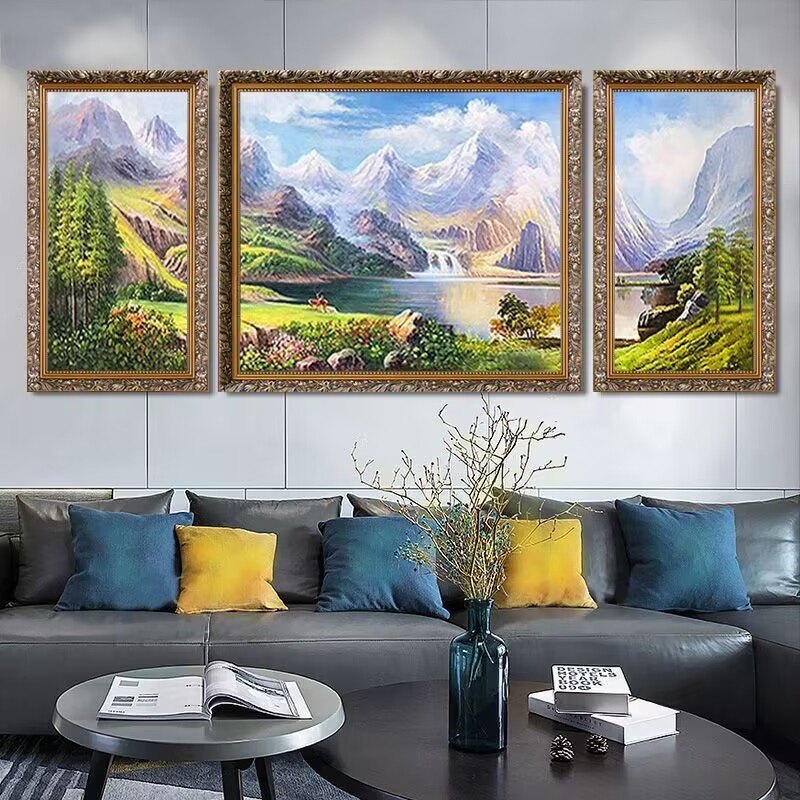 手绘欧式聚宝盆油画客厅装饰画沙发背景墙壁画三联山水风景鹿挂画