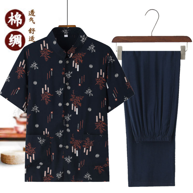 中老年夏季短袖套装男士纯棉绸休闲父亲老人衣服60衬衣80岁爷爷装