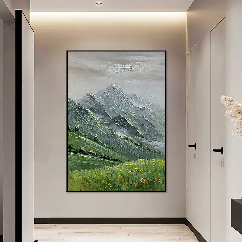 日照金山玄关装饰画大芬村油画入户正对门挂画高级感走廊过道壁画
