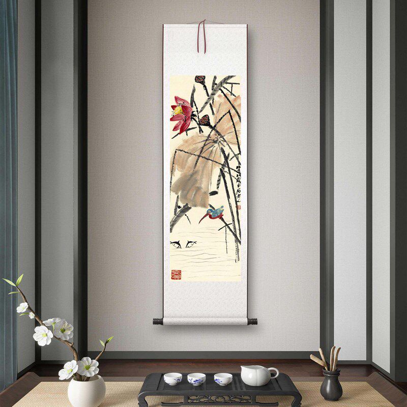 齐白石《荷花翠鸟》客厅书房茶室装饰画挂画玄关水墨高清卷轴字画