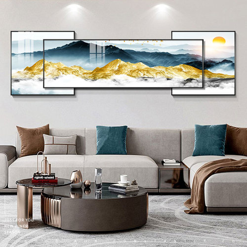 客厅装饰画背靠金山轻奢挂画大气沙发背景墙壁画晶瓷画三联画叠加
