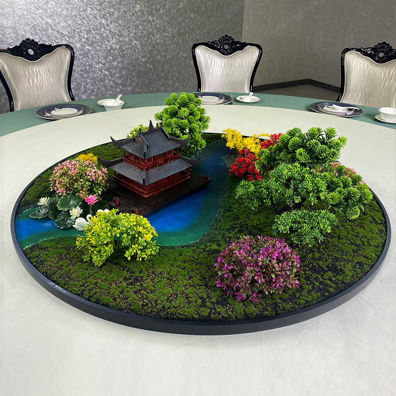新中式大圆桌转盘中间摆件餐桌装饰花艺摆花创意景观绿植造景沙盘