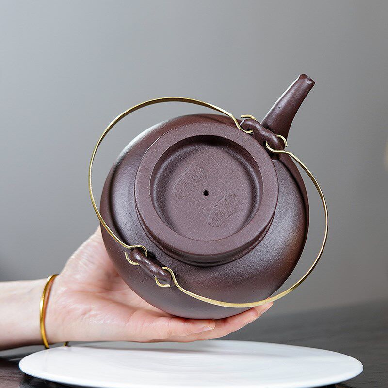 宜兴大号紫砂茶壶三号壶手工铜提梁壶过滤大容量寿星茶壶1300毫升