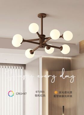 新中式客厅吊灯胡桃木色卧室灯餐厅护眼全光谱北欧复古led魔豆灯