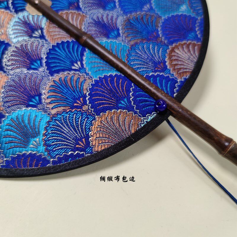 蓝色鱼鳞纹鱼美人腰扇紫竹长柄可旋转可折叠便携卷曲扇子古风团扇