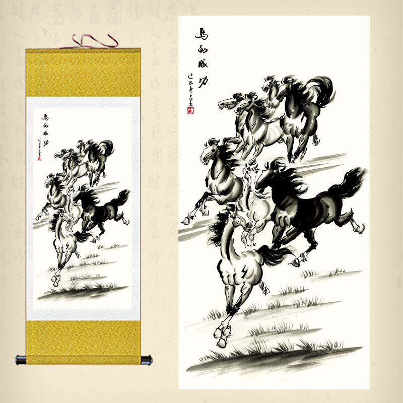 国画马到成功卷轴画竖幅字画水墨丝绸画客厅办公室装饰挂画已装裱