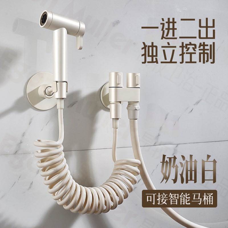 白色马桶伴侣冲洗喷枪水龙头一进二出角阀全铜厕所卫生间水枪高压