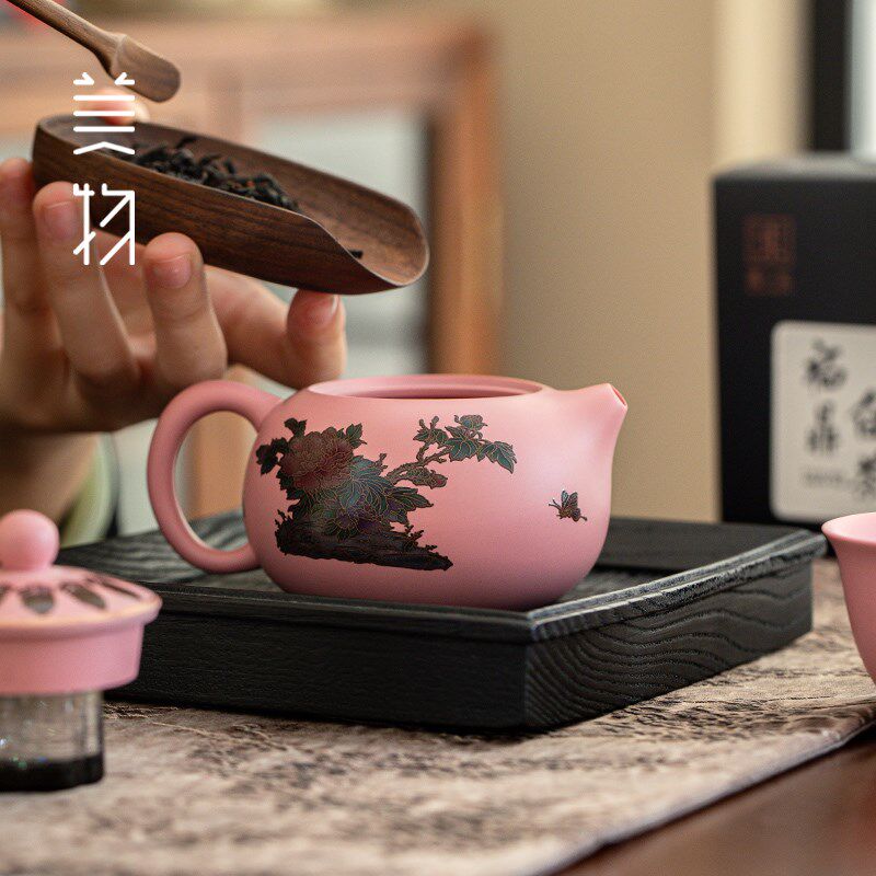 粉泥紫砂西施壶孔雀变色茶壶家用粉色泡茶壶凤鸣紫砂名家手作套装