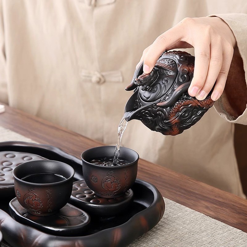 高档茶具紫陶泡茶套装家用功夫茶道整套茶盘复古风手工堆雕手抓壶