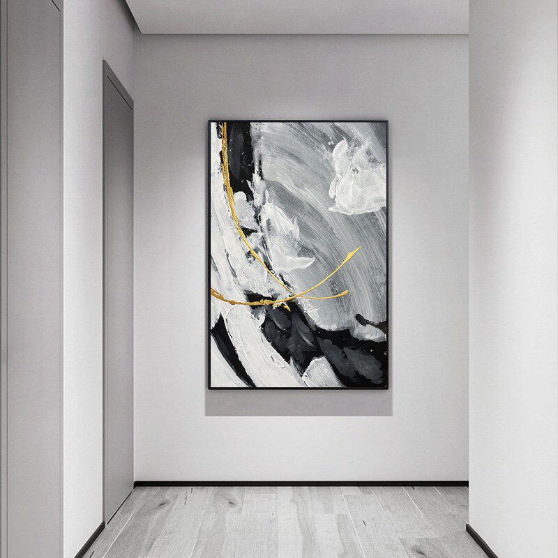 手绘油画立体抽象黑白橙装饰画玄关过道背景墙肌理画客厅挂画简约