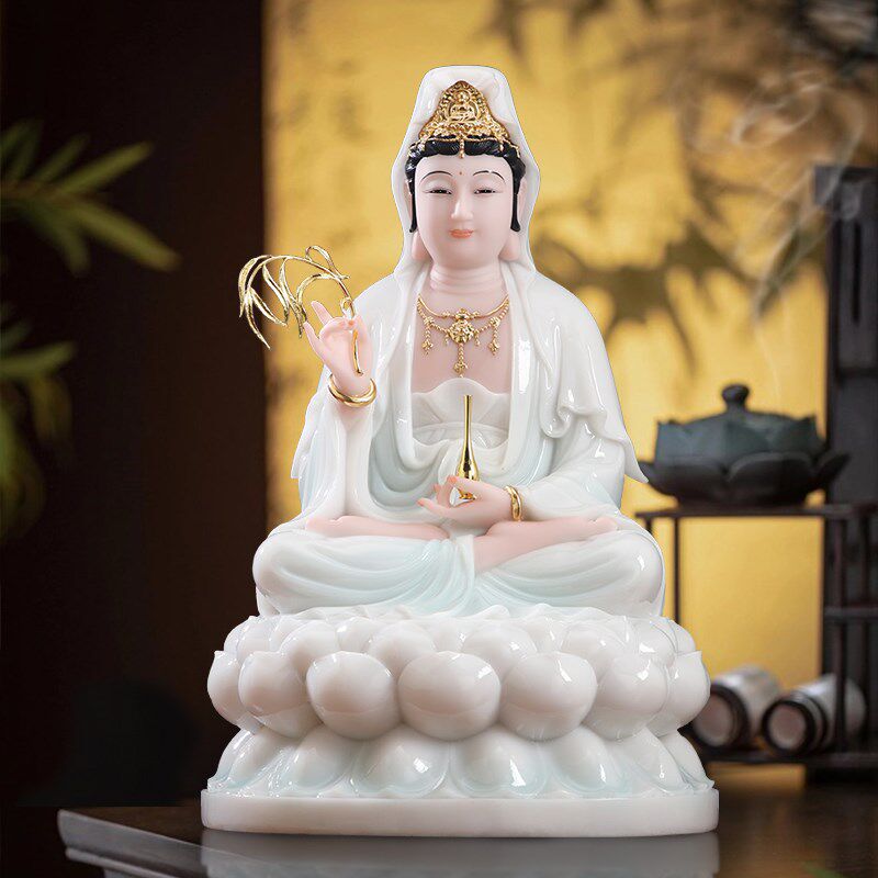 石雕坐莲南海观音菩萨像汉白玉观音佛像家用供奉保平安装饰摆件