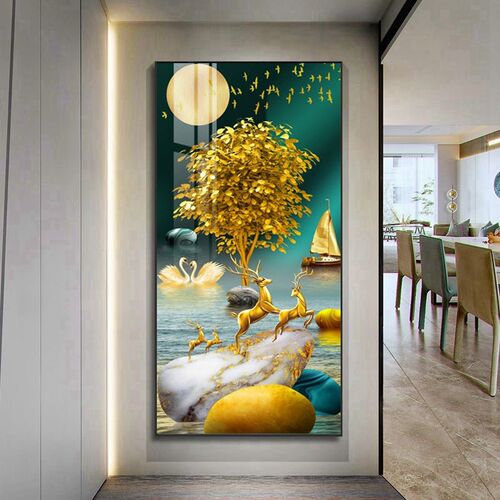 进门生财装饰画入户玄关挂画进门正对墙壁画过道走廊尽头晶瓷画竖