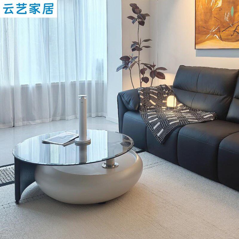 云艺奶油风旋转茶几客厅家用小户型创意圆形玻璃精致小圆茶几
