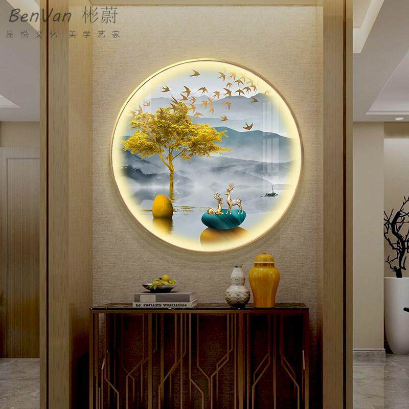 玄关山水画带灯晶瓷画新中式圆形装饰画声控走廓手动挂画led定做