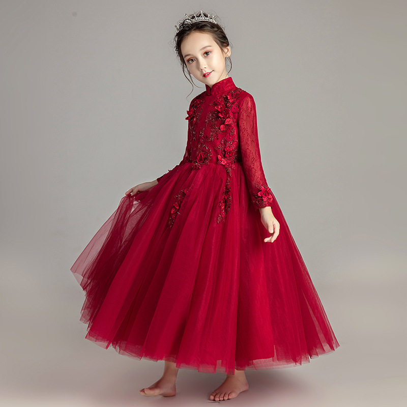 女童生日公主裙酒红色长袖晚礼服蓬蓬纱儿童钢琴演出服婚纱裙花童