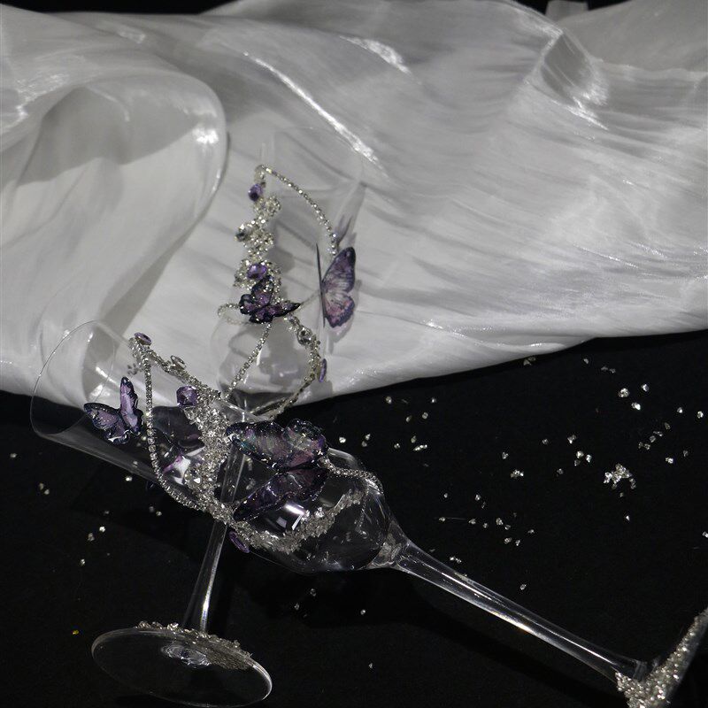 紫色香槟杯滴胶蝴蝶钻高脚杯子手工敬酒杯diy材料包订婚新婚礼物