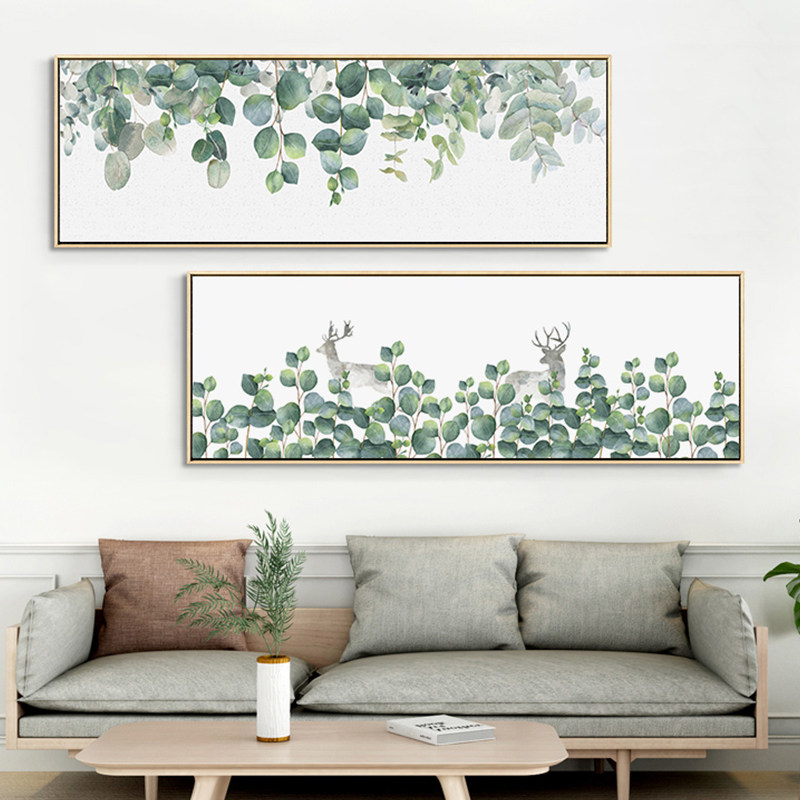 鳟鱼北欧风床头壁画卧室客厅画清新绿植风景挂画长方形横版装饰画