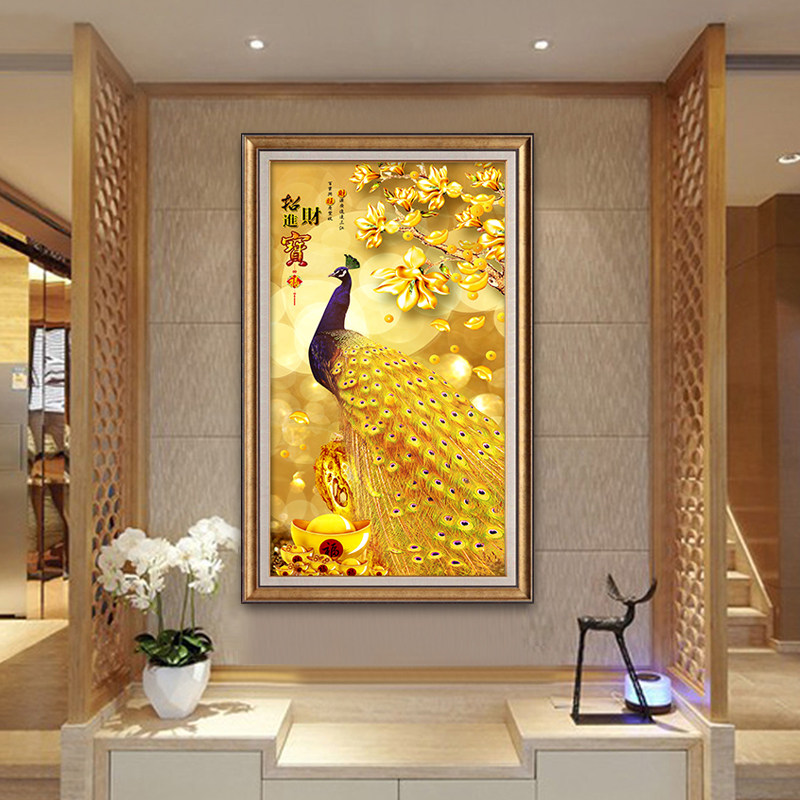 孔雀图入户玄关装饰画寓意好凤凰挂画竖版新中式招财走廊尽头壁画
