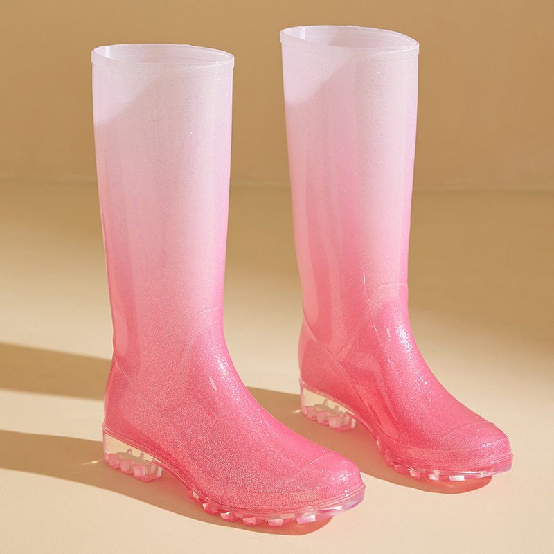 新款高筒果冻渐变雨鞋女s款加绒秋冬胶鞋防水防滑雨靴时尚保暖水