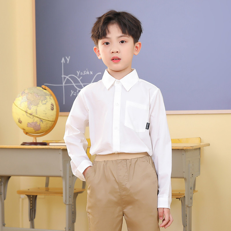 男童长袖白衬衫小学生白色衬衣男孩儿童春秋校服S男大童学院风演