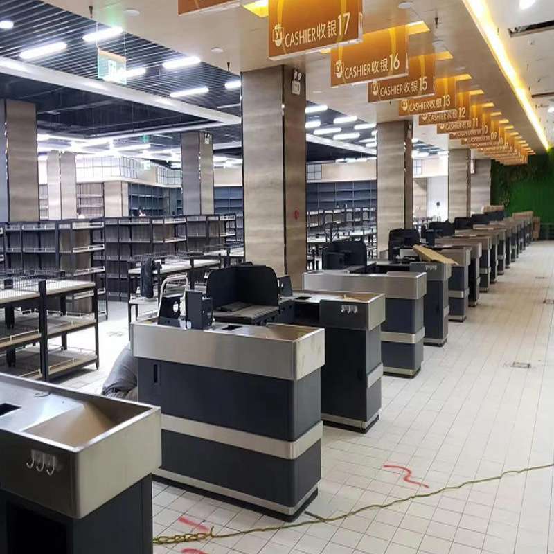 超市收银台加厚木纹装饰不锈钢收银台大型超市专用一体式收银台