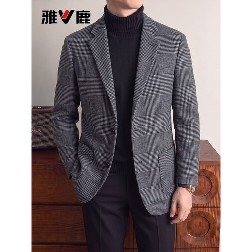 yaloo/雅鹿商务休闲羊毛西装外套男士千鸟格修身西服百搭
