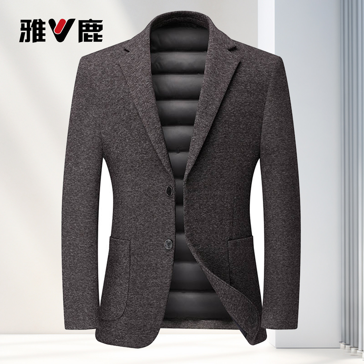 雅鹿男士西服秋冬商务休闲羽绒内胆短款中年爸爸装双面呢外套便单