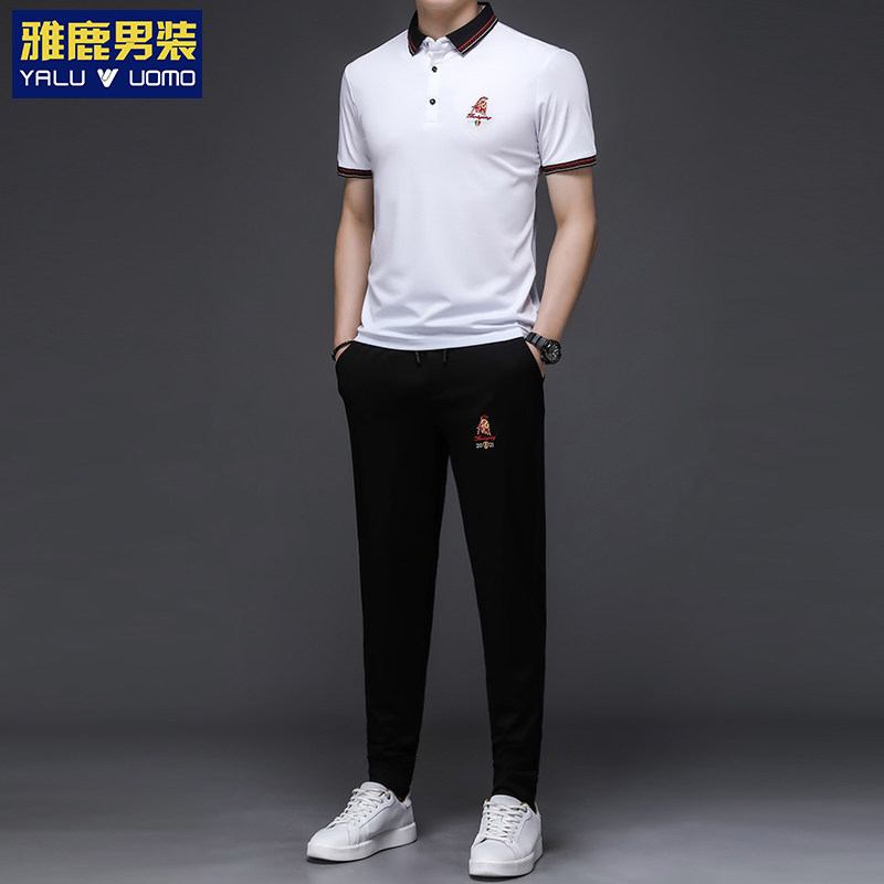 雅鹿男装翻领POLO衫套装夏季薄款透气休闲运动两件套