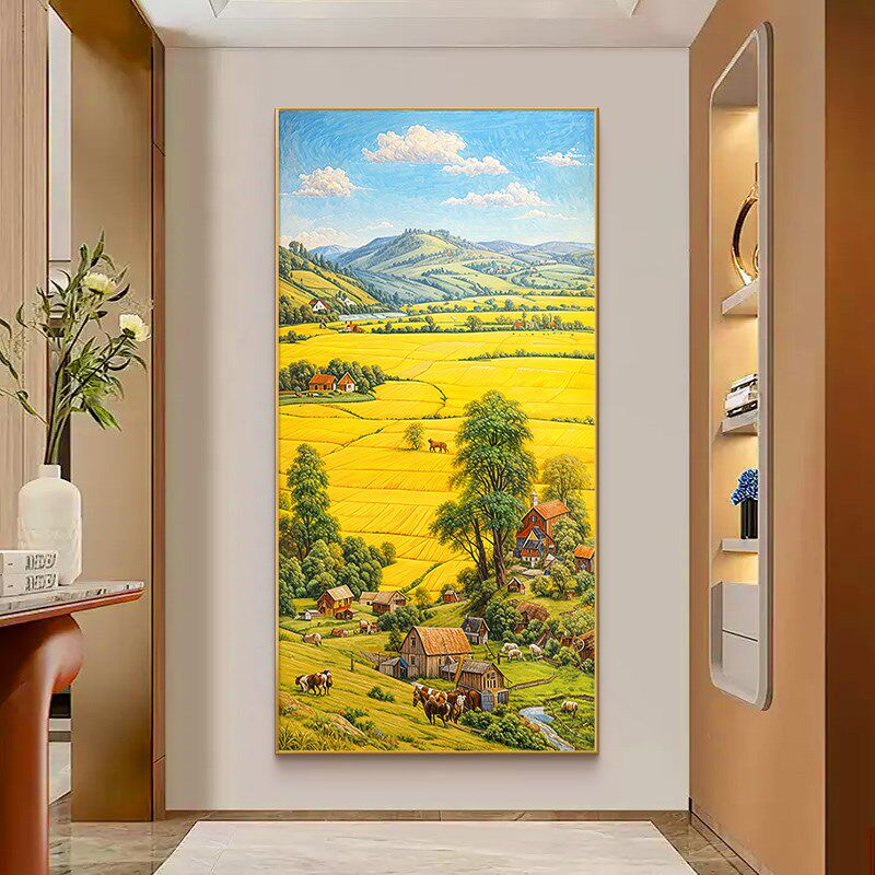 丰收入户玄关装饰画手绘油画金山聚宝盆客厅挂画竖版走廊过道壁画
