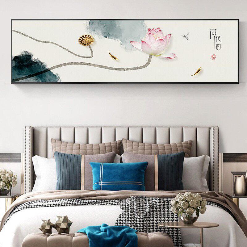 新中式卧室装饰画横版荷花客厅茶室背景墙挂画温馨主人房床头壁画