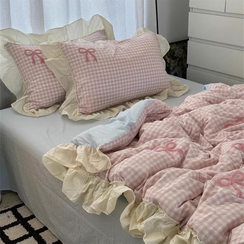 粉色少女insi公主风花边蝴蝶结毛巾绣水洗棉四件套床单宿舍三件套