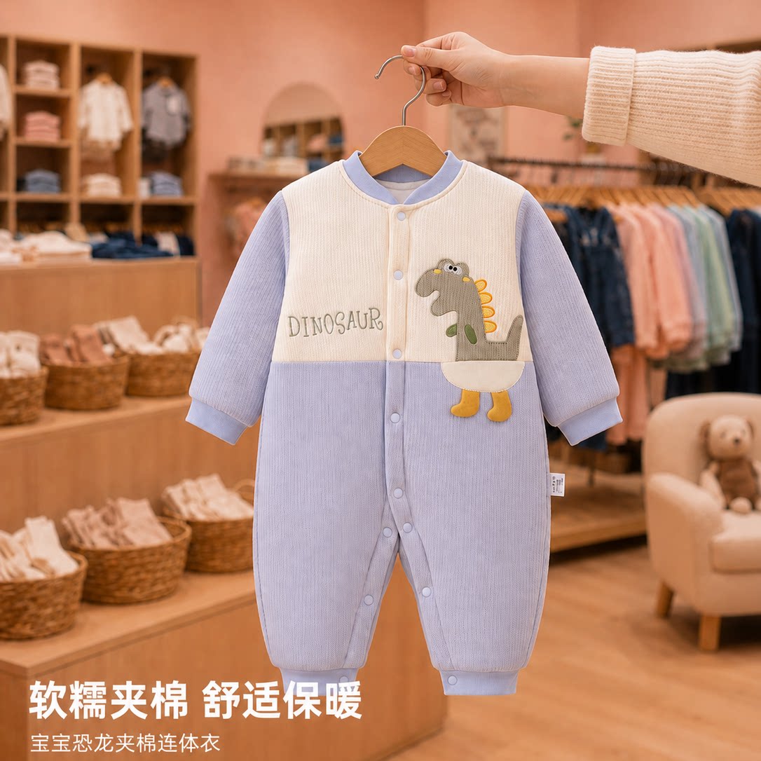 新生婴儿连体包脚夹棉衣哈衣纯棉家居服连体衣